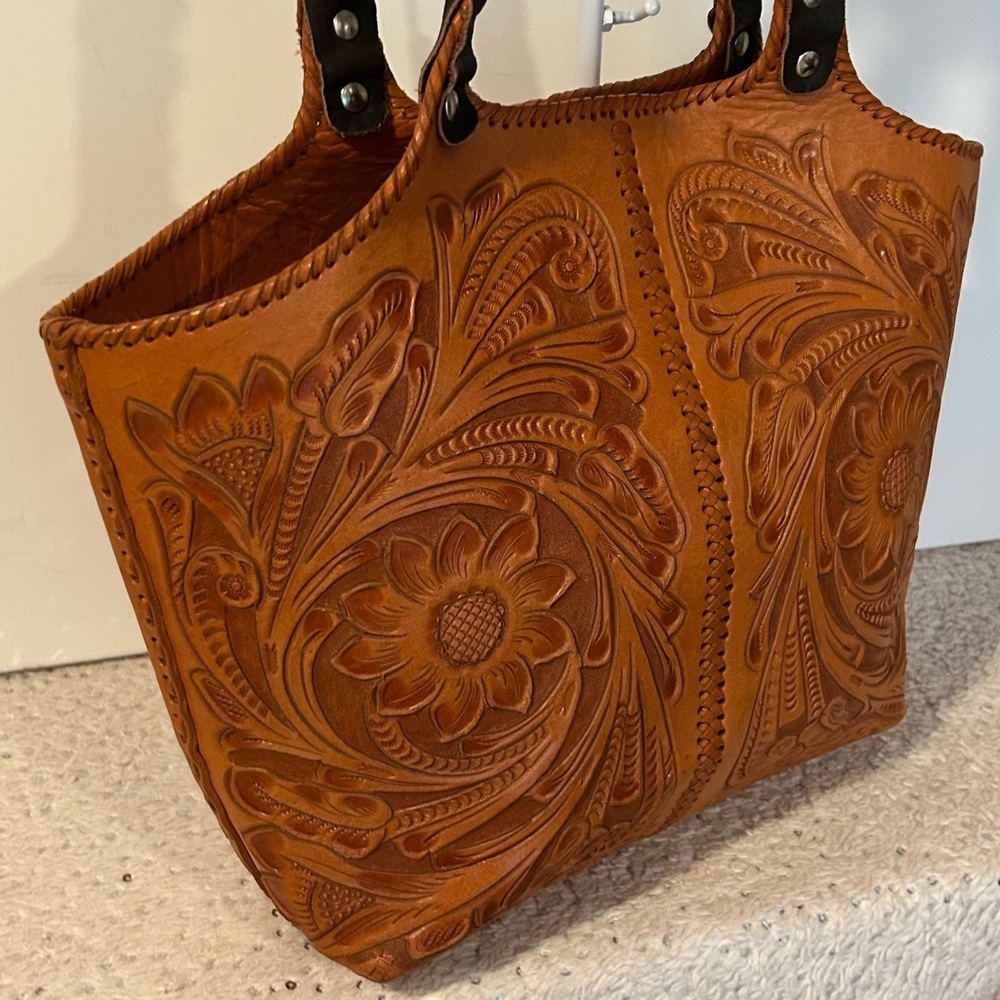Alejandro Yeo Brown Leather Shoulder bag braided handle structured tote tooled - Picture 6 of 14